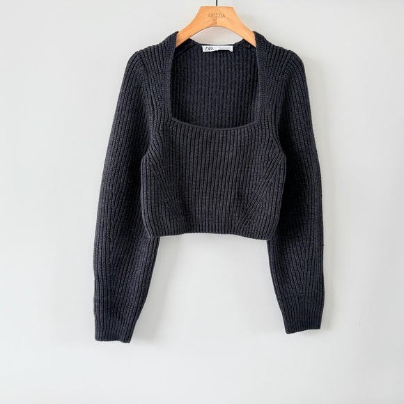 ZARA Ribbed Cropped Knit Top Square Neck Long Sleeve Charcoal Gray Medium - Picture 2 of 13